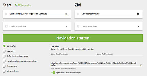 Screenshot von URwalking mit Auswahl barrierefreie Wege