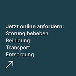 Button, der bei Klick auf das Portral zur Meldung einer Anforderung in den Bereichen Reinigung, Transport, Entsorgung oder Instandsetzung führt.