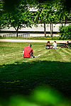 Wiese auf dem Campus, Personen sitzen dort.