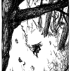 Caliban trägt eine Last Holz durch den Wald