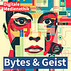 Logo des Podcasts Bytes & Geist: Zu sehen ist ein Frauengesicht mit ernstem Gesichtsausdruck, dass sie aus unterschiedlichen bunten Fragmenten zusammensetzt.