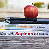 Ein Stapel mit zwei Büchern und einem Notizbuch, oben auf liegen ein Kugelschreiber und ein roter Apfel. Die Buchrücken tragen die Titel 