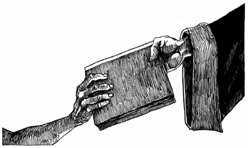 Hand von Prospero (rechts) die Caliban (links) eines seiner Zauberbücher überreicht