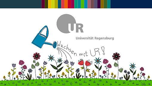 Gezeichnete Blumenwiese und eine Gießkanne, die die Wörter Wachsen mit UR ausgießt