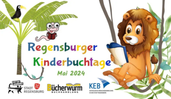 Comicfigur Löwe liest in Buch