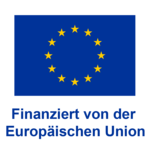 EU Emblem: blauer Hintergrund, gelbe Sterne kreisförmig angeordnet; Schriftzug: 