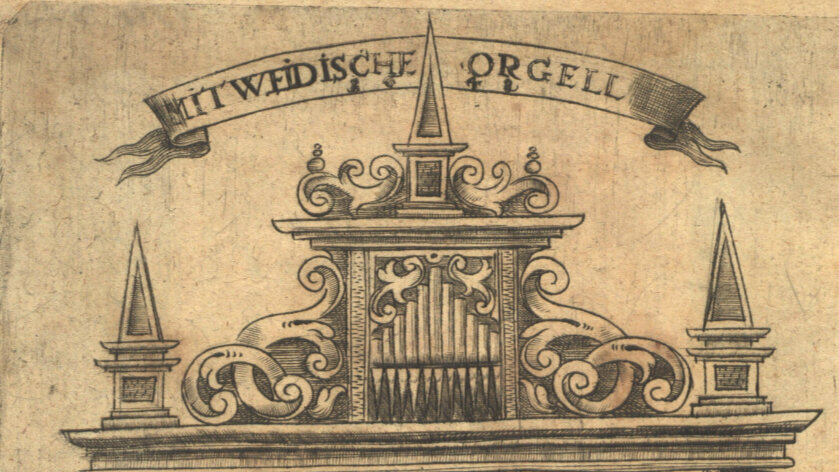 Historische Titelseite eines Druckwerks aus dem Jahr 1648 mit einer kunstvollen Illustration einer mehrstöckigen Orgel. Die Orgel ist reich verziert mit barocken Ornamenten. Über dem Instrument befindet sich ein Banner mit der Aufschrift „MITWEIDISCHE ORGELL“. Unterhalb der Abbildung sind die Namen „Tobias Weber“ und „Christoph Vogell“ vermerkt. (öffnet Vergrößerung des Bildes)