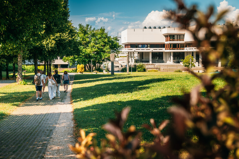 Eine Gruppe junger Leute geht an einem Sommerabend über den grünen Campus der Universität Regensburg. Im Bildhintergrund ist die Zentralbibliothek zu sehen.
