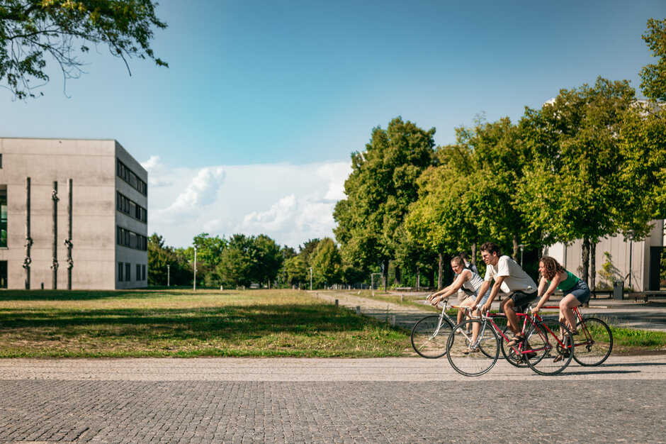 Drei Studierende fahren mit dem Fahrrad über den Campus der Universität Regensburg.