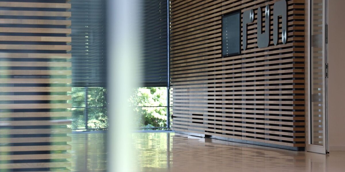 Blick in das Gebäude des Forschungsbaus RUN an der Universität Regesnburg: An den Wänden Holzvertäfelungen, im Hintergrund Fenster mit Blick auf Garten