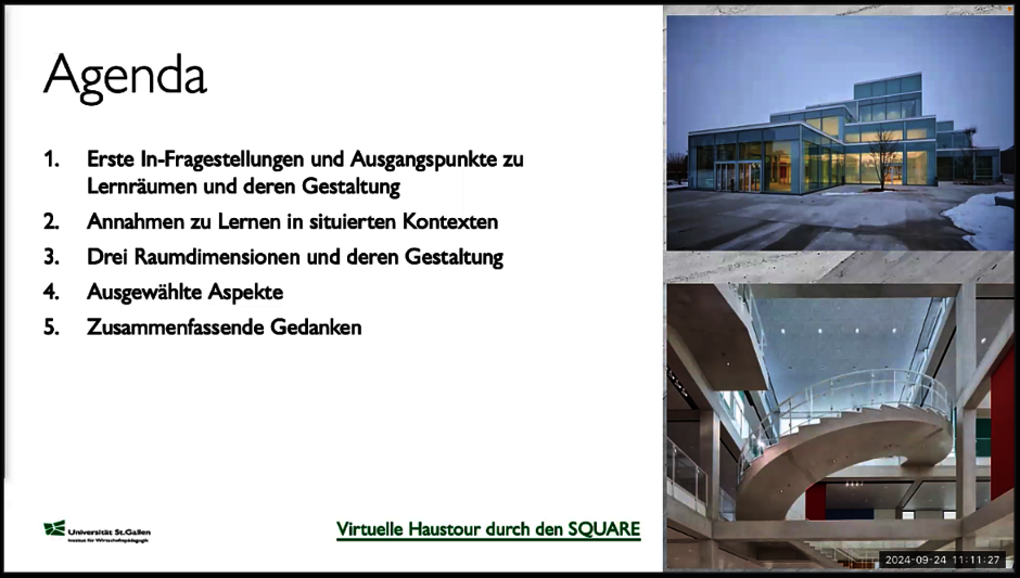 Screenshot der Präsentation von Prof. Dilger zum Thema "Die Bedeutung von materiellen, sozialen und epistemischen Lernraum-Designs – Drei Raumdimensionen auf drei Handlungsebenen“