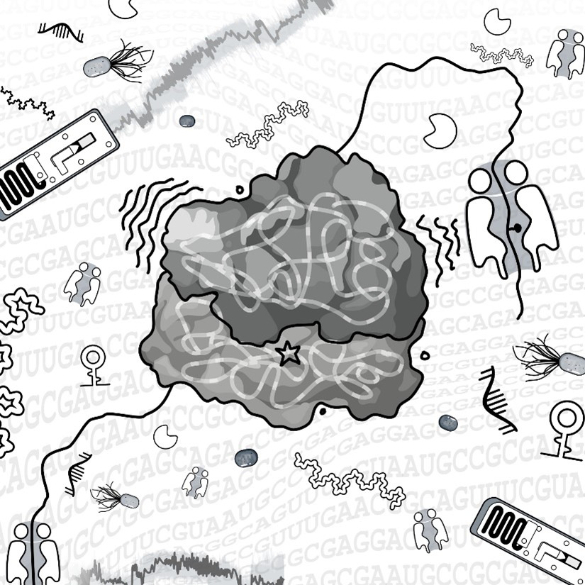 Künstlerische Darstellung der Nanopore-Sequenzierung: Im Zentrum eine wolkenartige Struktur, umgeben von Symbolen aus der Genetik und Biotechnologie